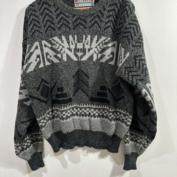Vintage Sergio Valente Men's Charcoal‎ Sweater Crew Black Leather Patch SZ XL - Picture 1 of 9